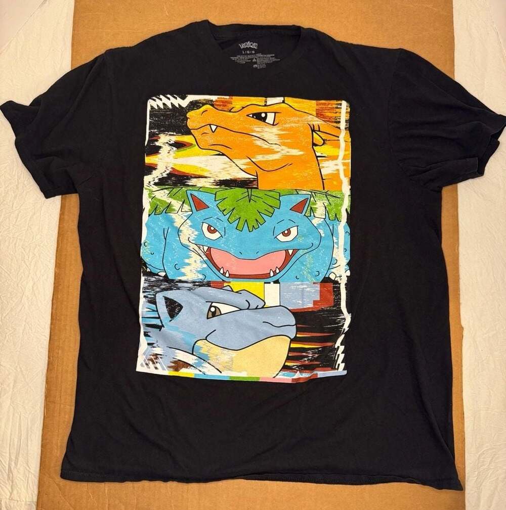 Pokemon Distortion Box Charizard Venusaur Blastoise Graphic T-Shirt Black L
